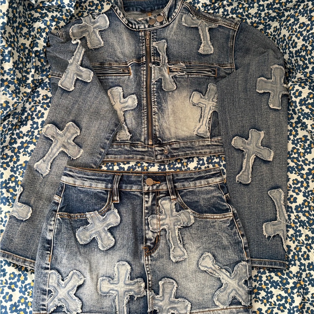 Fashion Nova Light Blue Distressed Cross Denim Jacket & Skirt Set